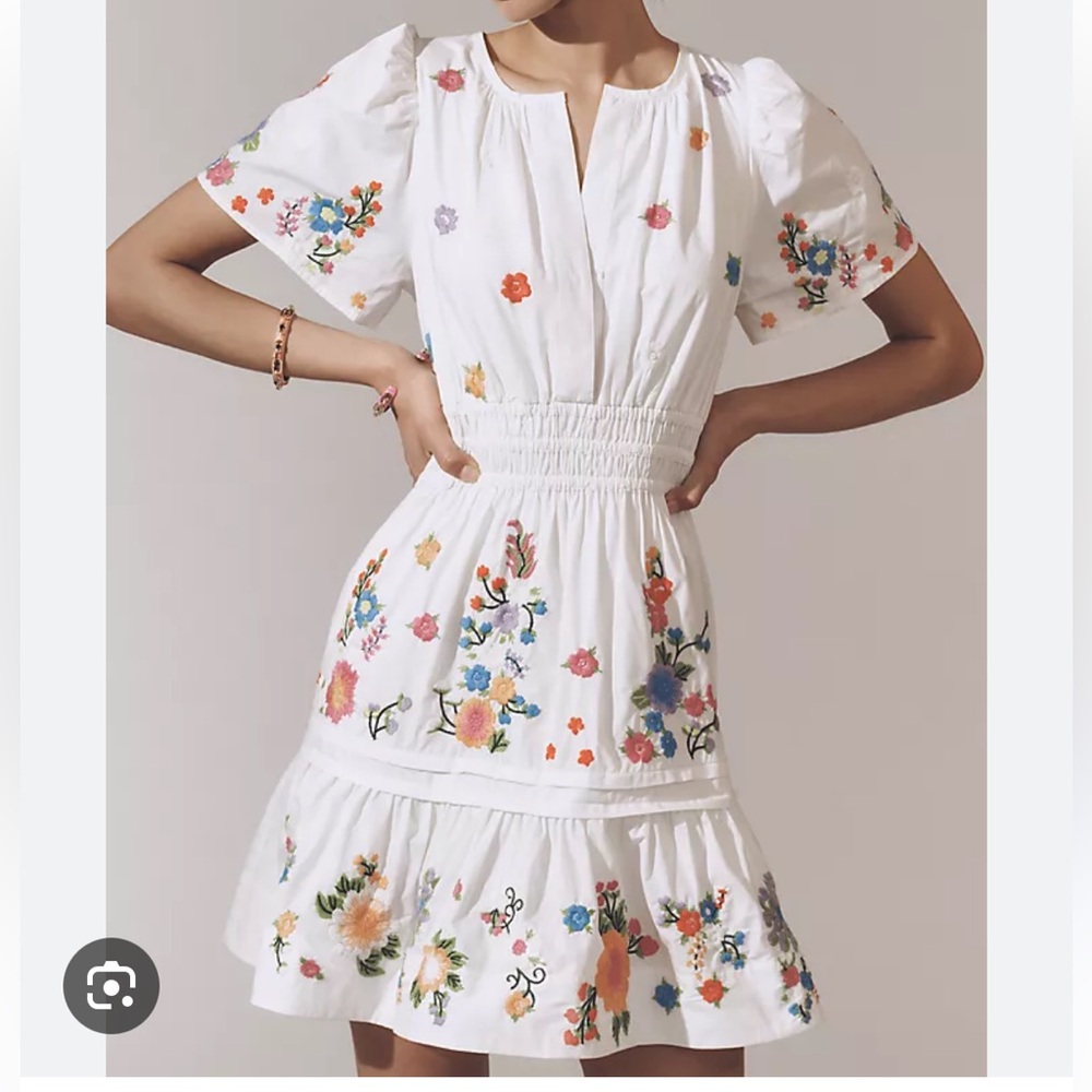 Anthropology The Somerset Floral Embroidered Dress in White